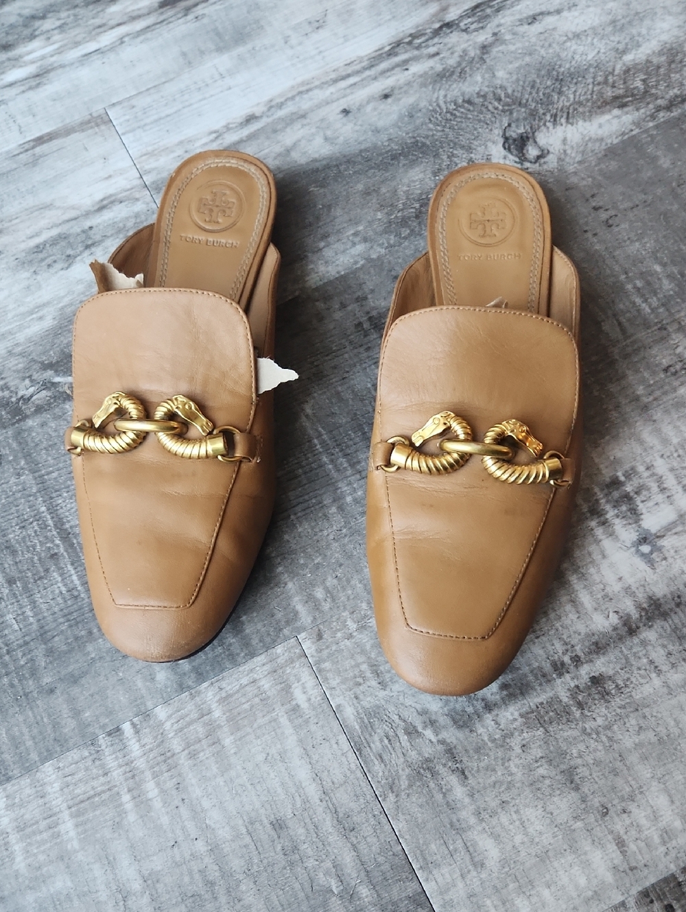 Tory Burch  Leather Slide Loafers with Gold Tone Chain Accent